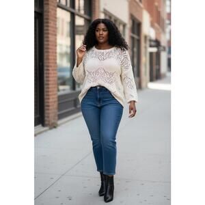 Cream Knit Sweater with Openwork Pattern